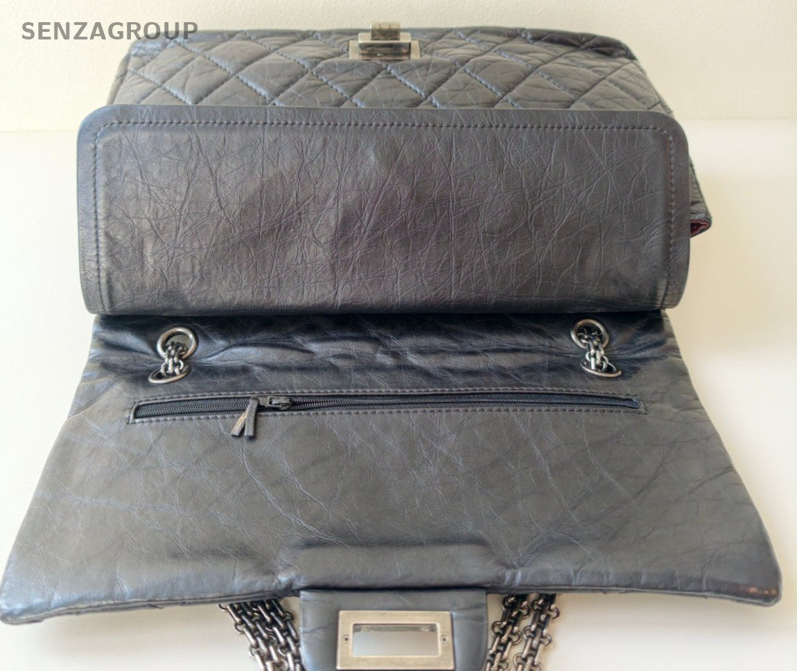 Chanel 2.55 Chain Calfskin Shoulder Bag Black Silver Women Classic Diamond
