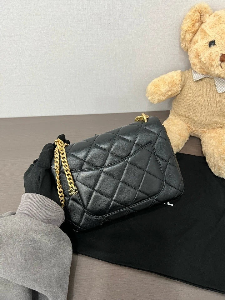 CHANEL Black Gold Lambskin Square Crossbody Bag For Women