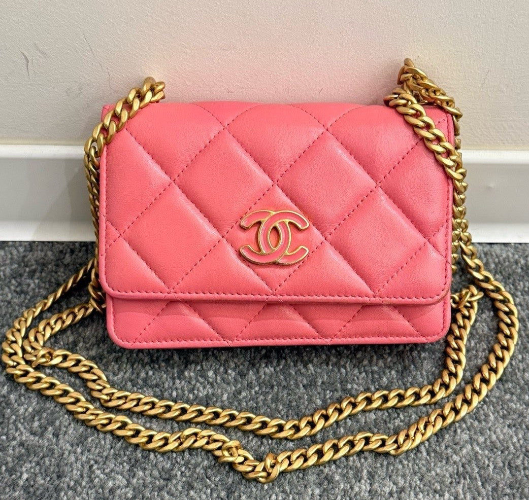 Chanel WOC Mini Chain Shoulder Bag Pink Gold Diamond Women Classic Fashion