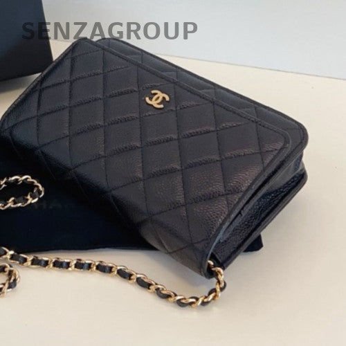 Chanel WOC Chain 2Way Shoulder Bag Crossbody Black Gold Diamond Women Classic