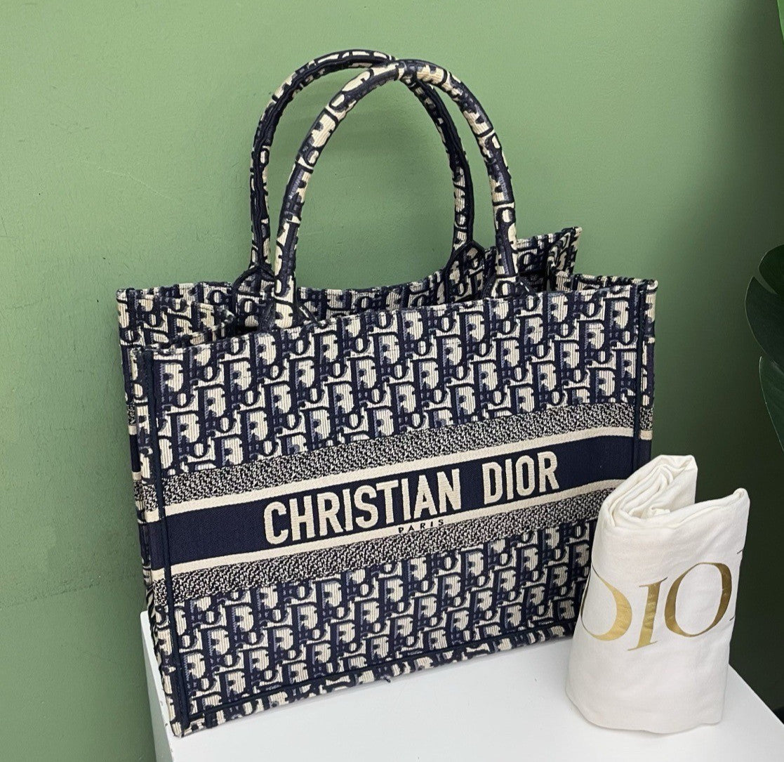 Christian Dior Oblique MM Tote Top Handle Bag Blue White Used Women Classic