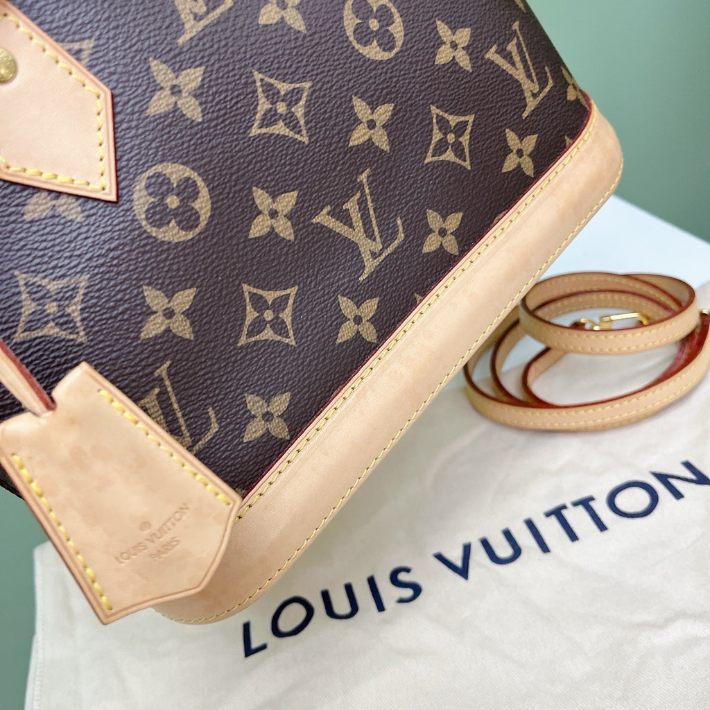 Louis Vuitton Alma BB Monogram Canvas Top Handle Crossbody Brown Gold Used Women