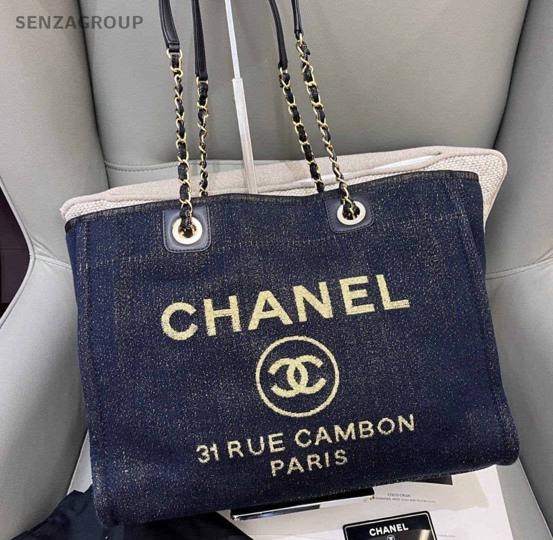 Chanel Denim Chain Tote Shoulder Bag Blue Gold Used Women Classic Fashion