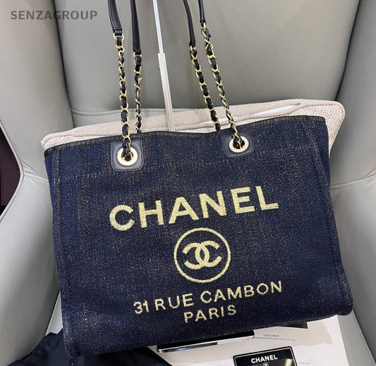 Chanel Denim Chain Tote Shoulder Bag Blue Gold Used Women Classic Fashion