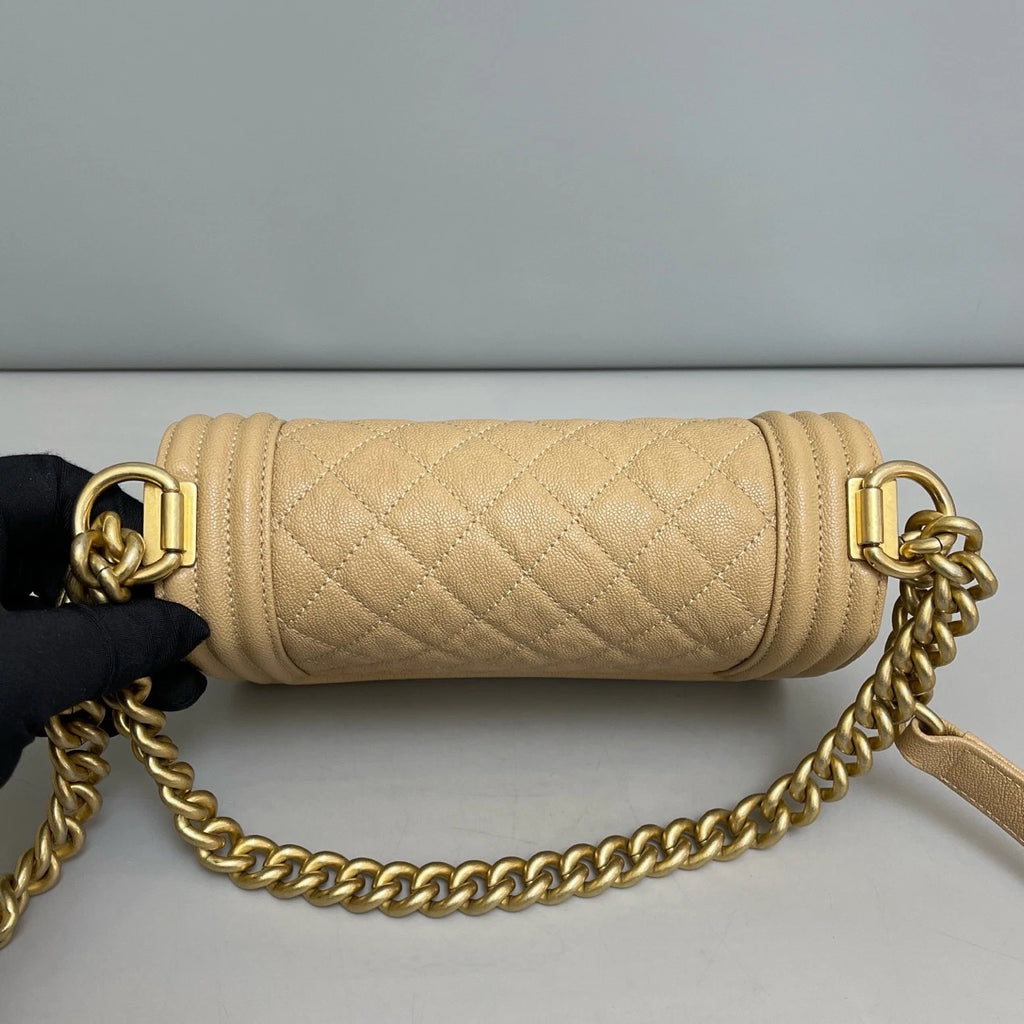 Chanel Leboy PM Calfskin Chain Shoulder Bag Crossbody Beige Gold Women Classic