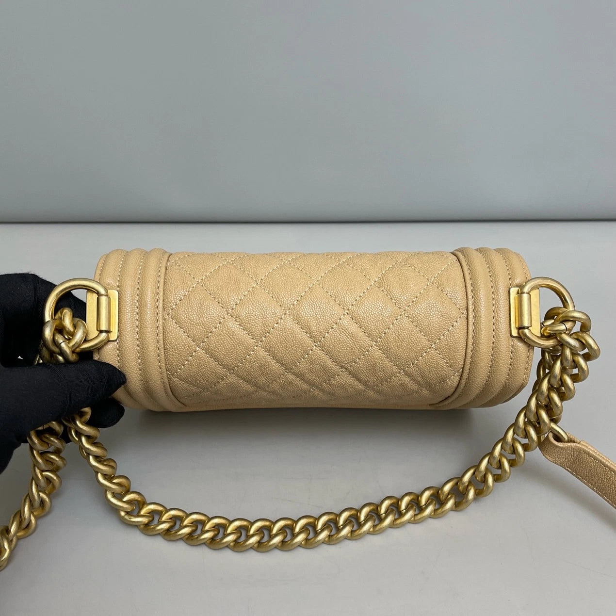 Chanel Leboy PM Calfskin Chain Shoulder Bag Crossbody Beige Gold Women Classic