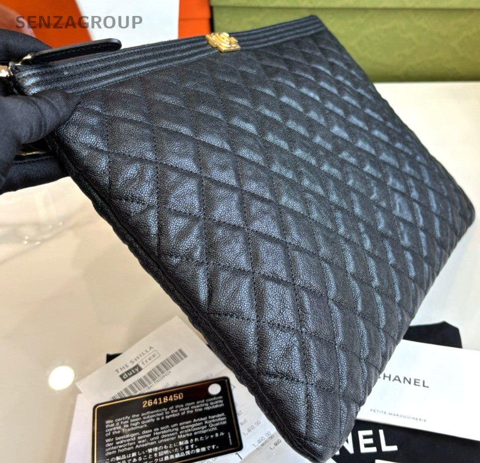CHANEL Leboy Calfskin Clutch Handbag Black Gold Almost Brand NEW