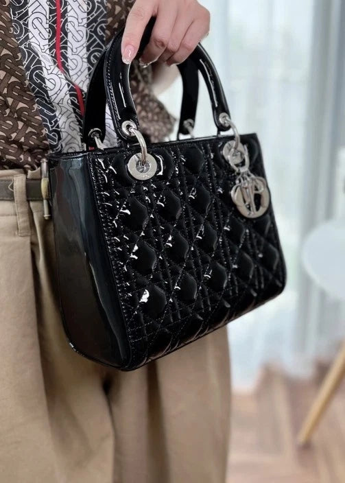 Dior Lady Dior Cannage 5-Grid Patent Leather Handbag For Women