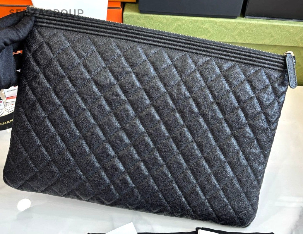 CHANEL Leboy Calfskin Clutch Handbag Black Gold Almost Brand NEW
