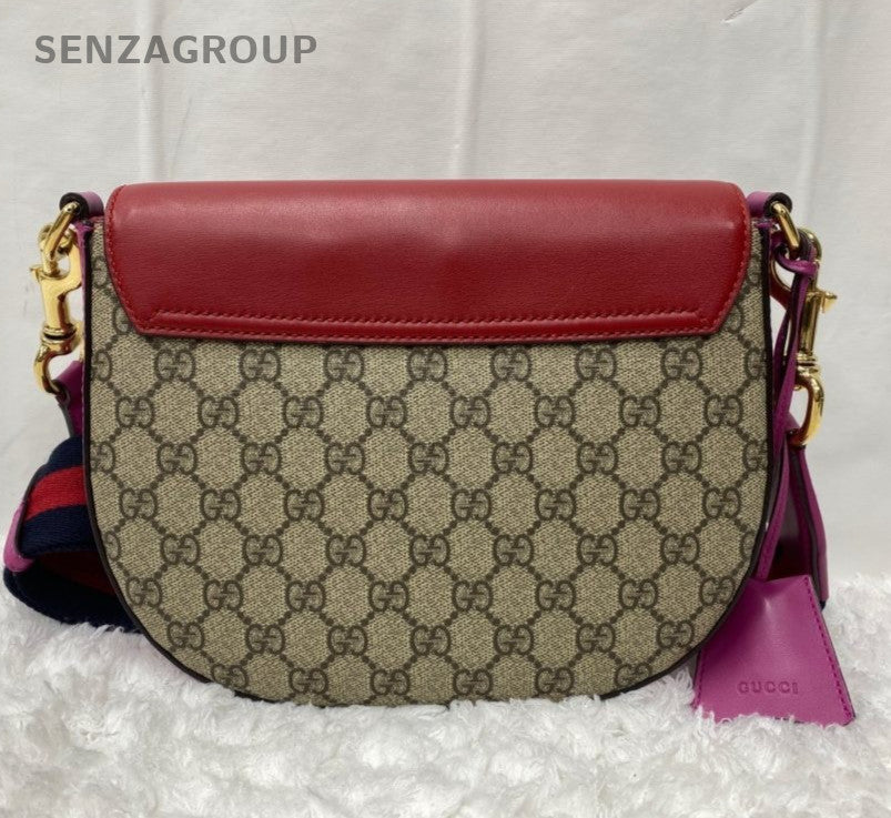 Gucci Ophidia Saddle Shoulder Bag Brown Red Gold Women Classic Fashion