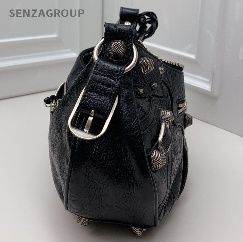 Balenciaga City 2Way Crossbody Shoulder Bag Black Silver Women Classic Fashion