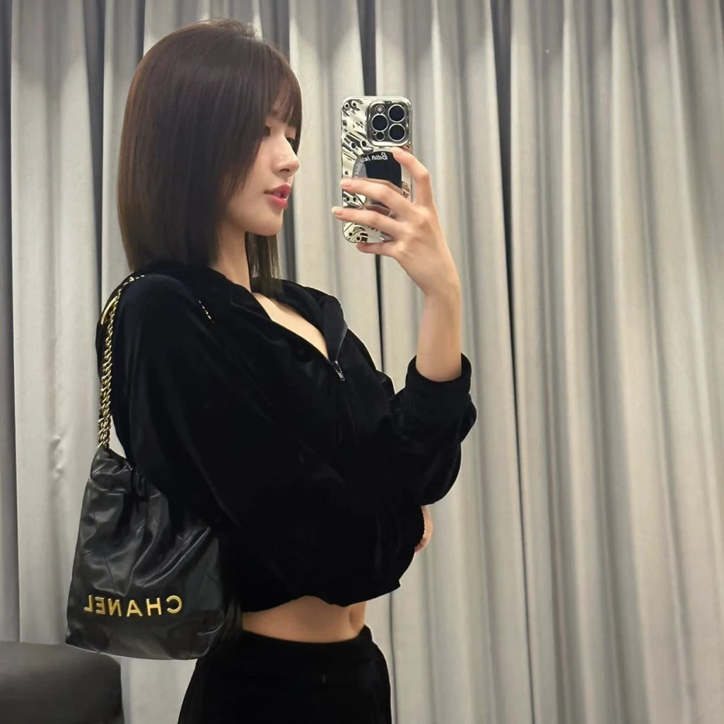 Chanel 22Bag Mini Chain Calfskin Shoulder Bag Black Gold Hardware Women S