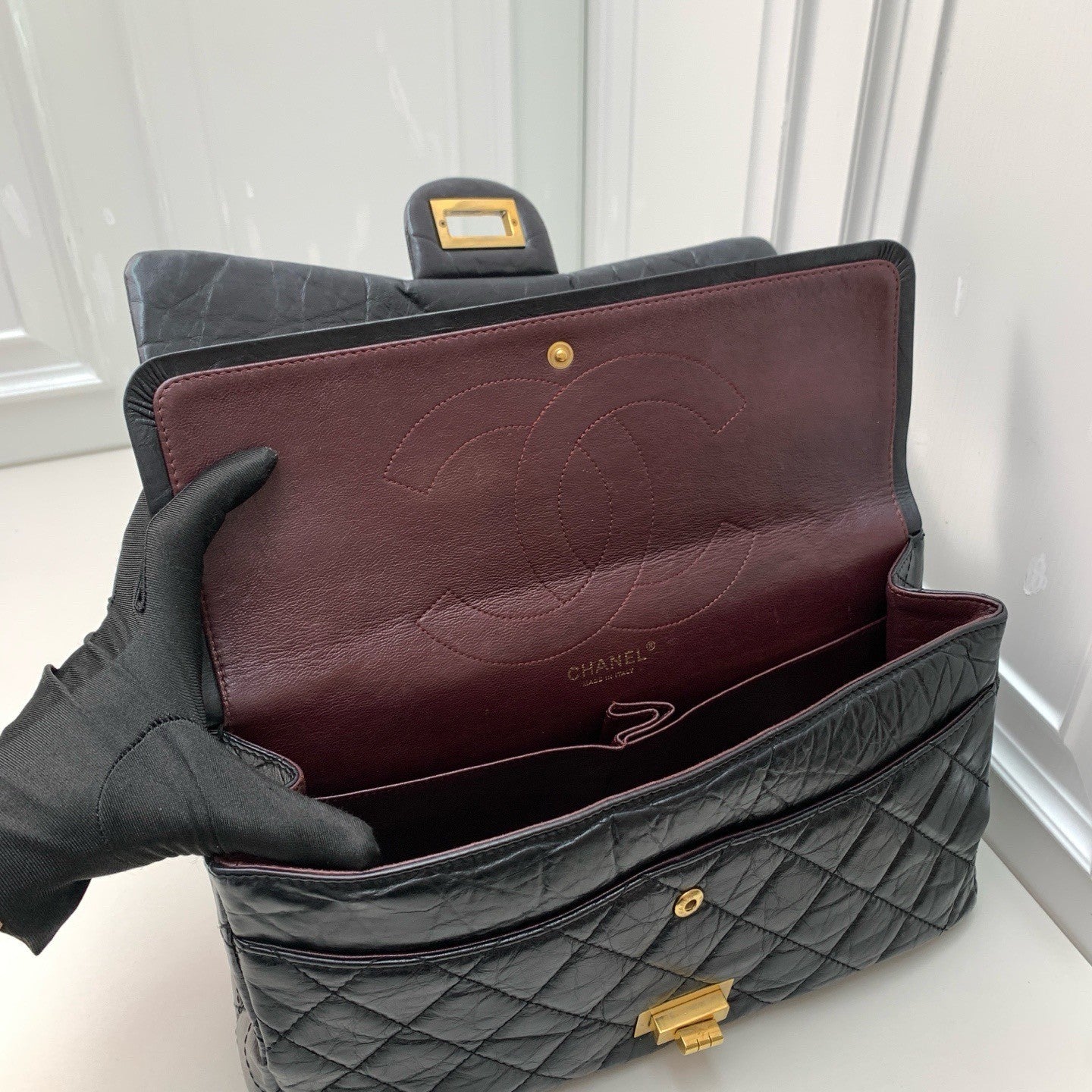 CHANEL 2.55 Diamond Pattern Chain Shoulder bag Black Gold Women