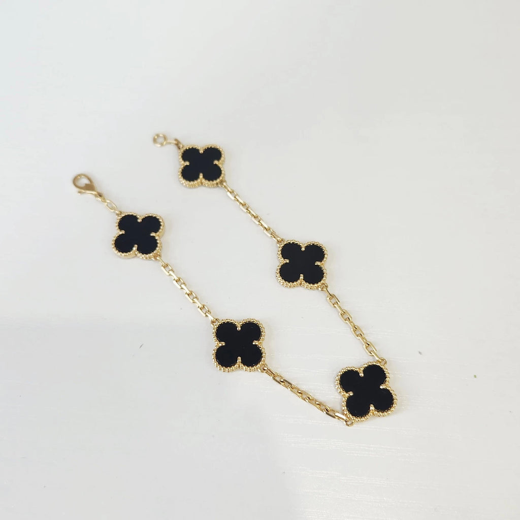 Van Cleef &amp; Arpels Vintage Alhambra 5 Motifs Onyx Bracelet 18k Yellow Gold