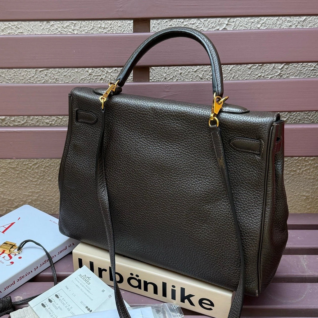 Hermes Kelly35 Top Handle Shoulder Bag Black Gold Unisex Adults Classic