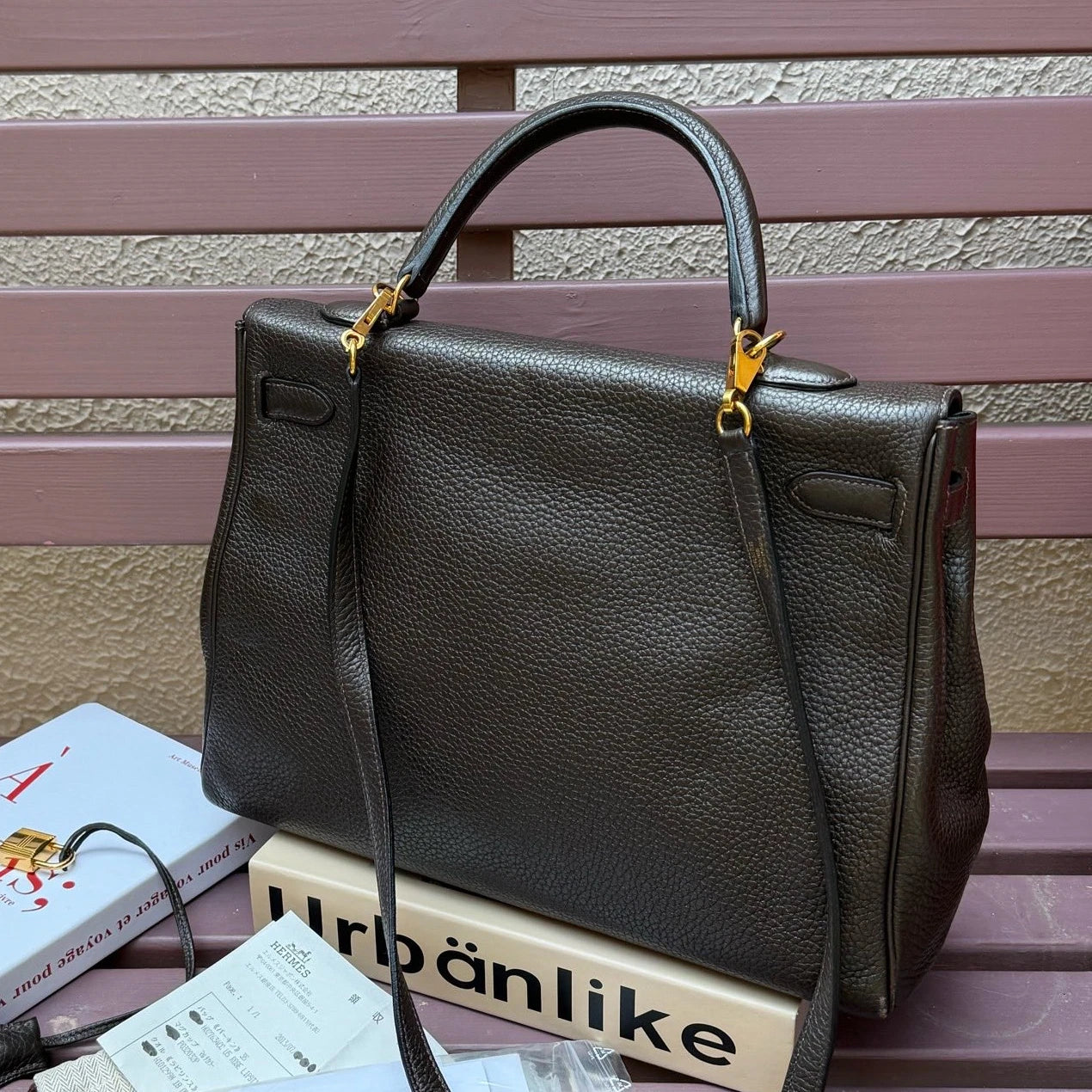 Hermes Kelly35 Top Handle Shoulder Bag Black Gold Unisex Adults Classic
