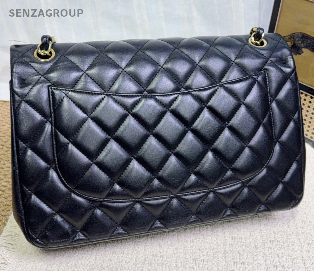 Chanel Classic Flap GM Lambskin Chain Shoulder Bag Black Gold Women Diamond