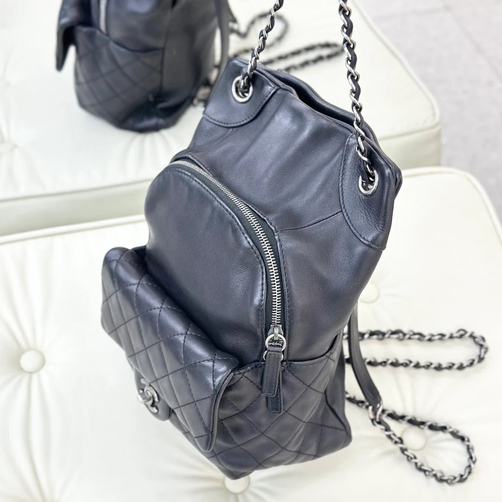 Chanel Diamond Calfskin Chain Backpack Black Silver Women Classic