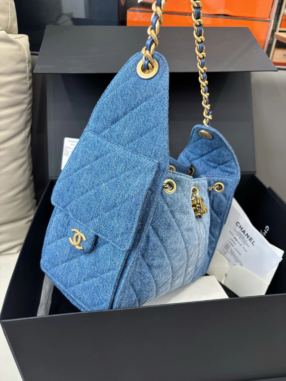 Chanel 25 Small Denim Hobo Shoulder Bag Casual Crossbody Blue Gold