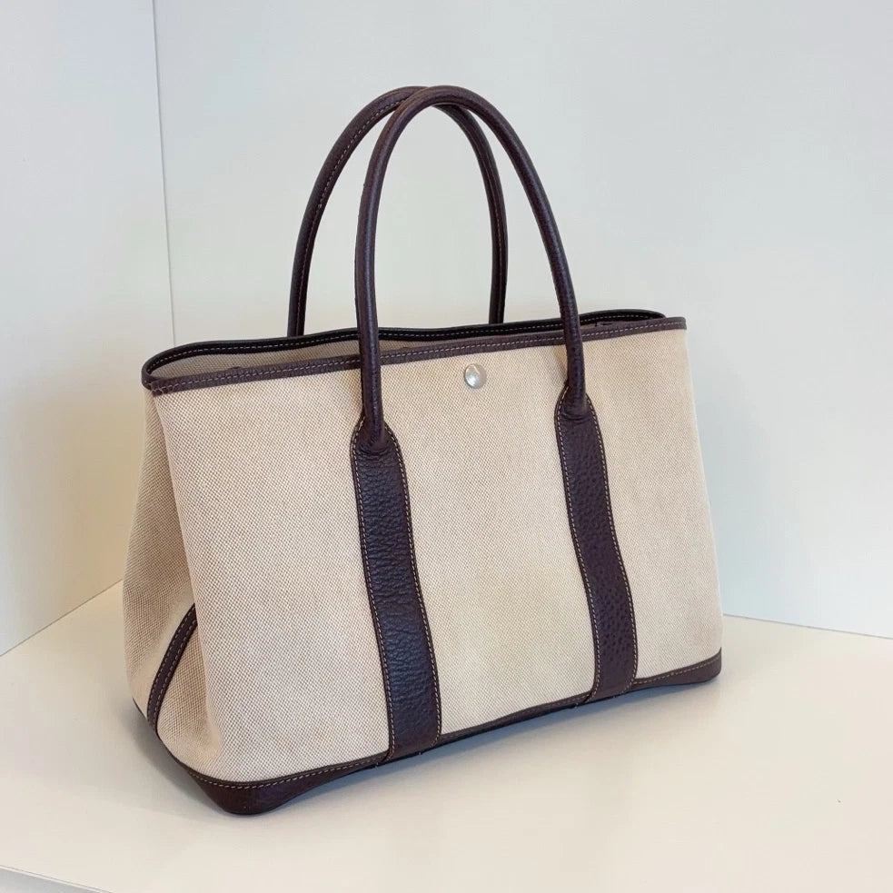 Hermes Garden Party 36 Canvas Tote Top Handle Bag Beige Black Women Classic