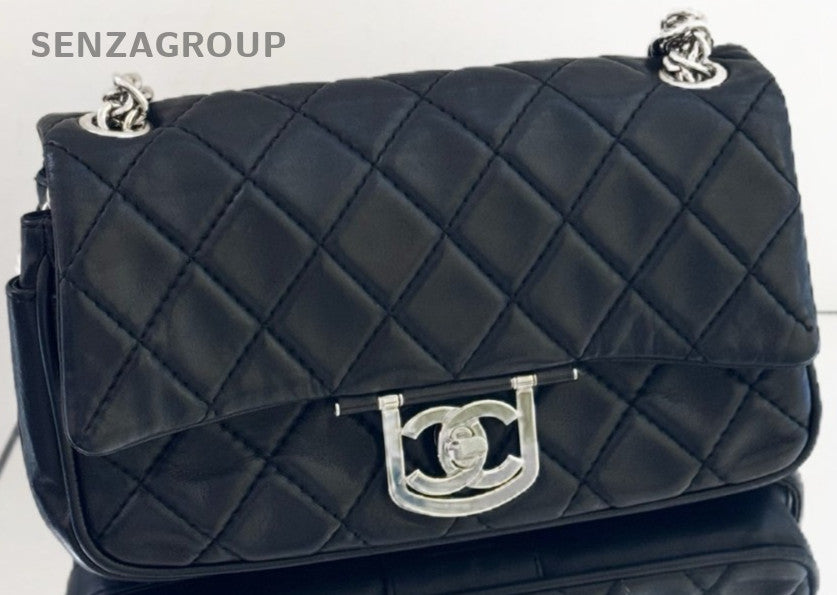 Chanel CF Edinburgh Lambskin Shoulder Bag Black Silver Women
