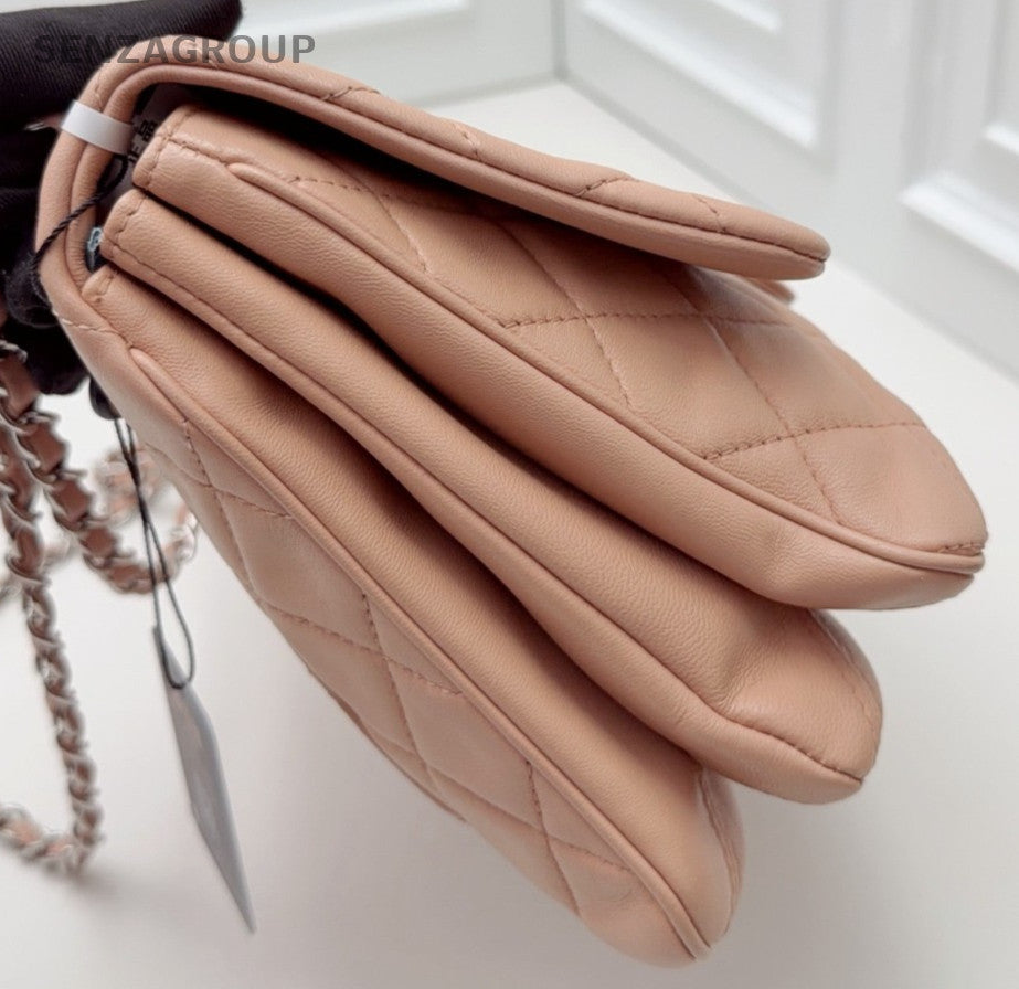 Chanel Classic Flap Lambskin Chain Shoulder Bag Peach Pink Silver Women Fashion