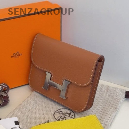 Hermes Constance Slim Wallet Chain Crossbody Brown Silver Women Designer Classic