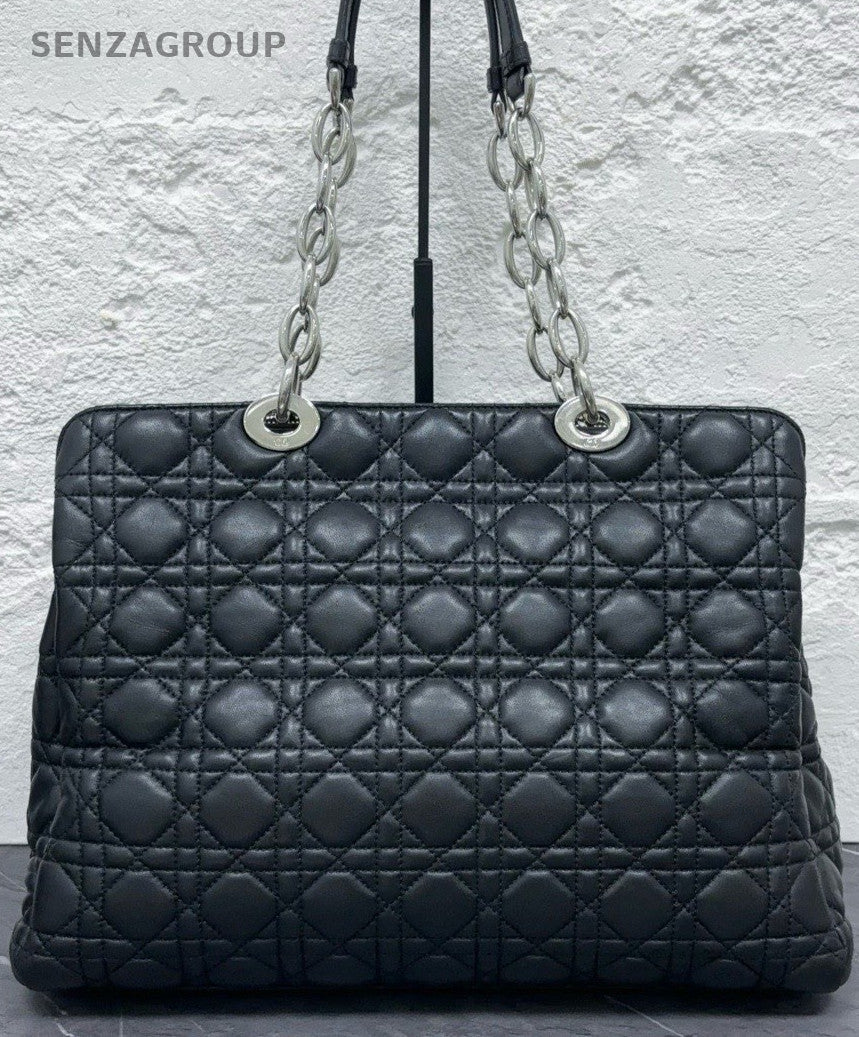 Dior Lady Lambskin Leather Chain Tote Shoulder Bag Black Silver Women Classic