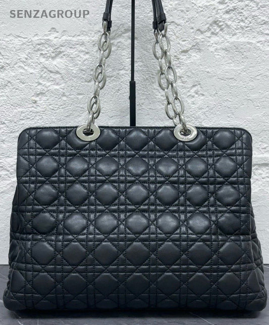 Dior Lady Lambskin Leather Chain Tote Shoulder Bag Black Silver Women Classic
