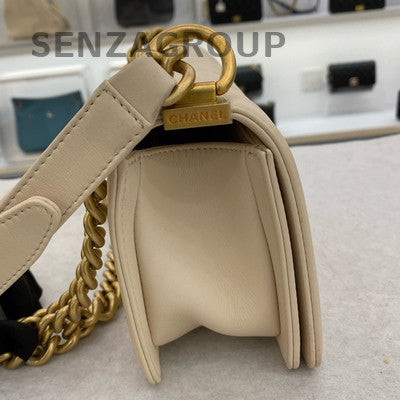 Chanel Le Boy Calfskin Quilted Chain Shoulder Bag in White Gold
