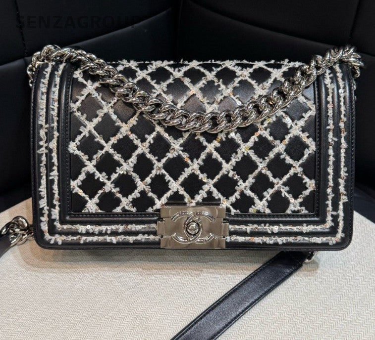 Chanel Leboy MM Lambskin Chain Shoulder Bag Crossbody Black Silver Women Classic