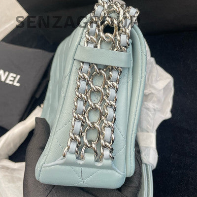 Chanel 22P Waterfall Chain Tofu Bag Blue Silver Hardware Shoulder Crossbody