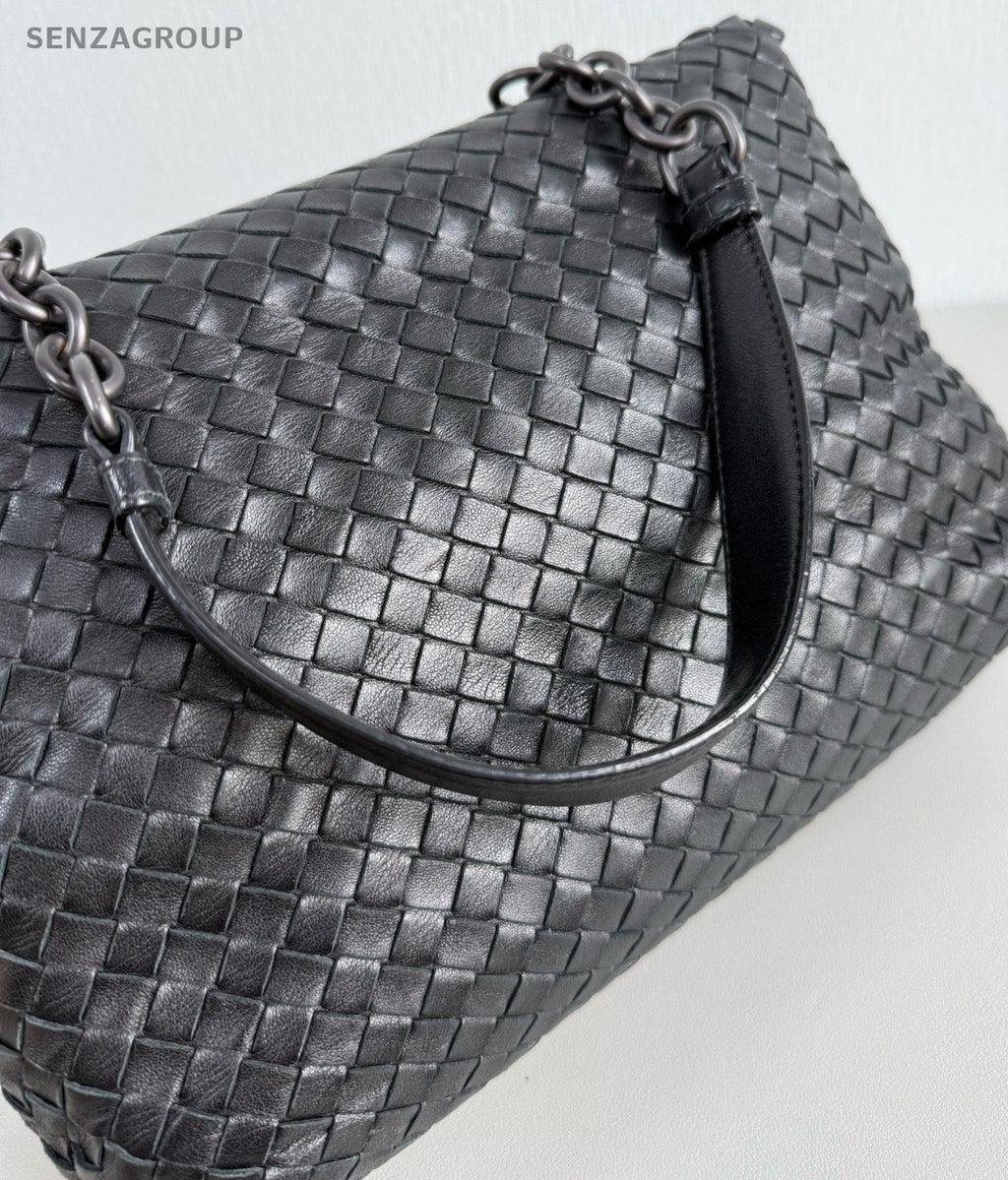 Bottega Veneta Lambskin Chain Shoulder Bag Black Used Women Classic Fashion
