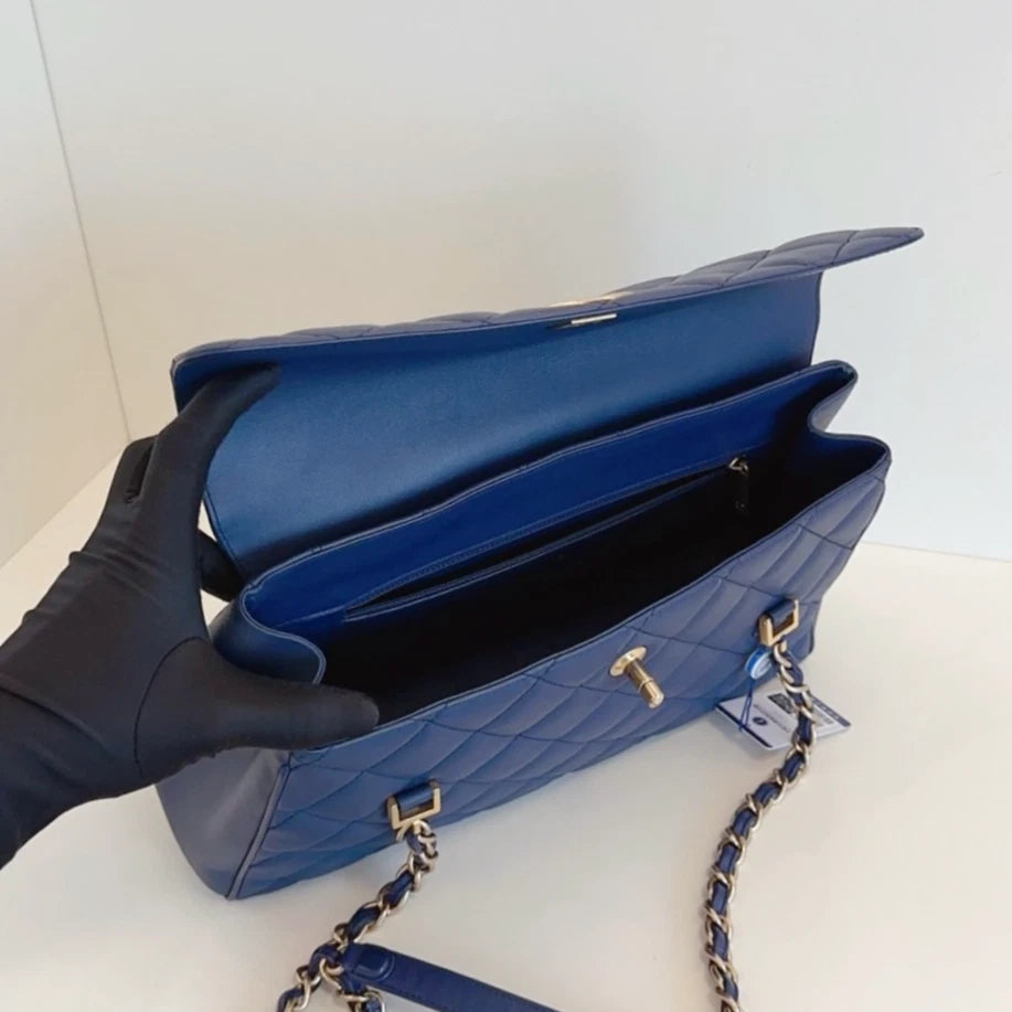 Chanel Diamond Tote Chain Shoulder Bag Blue Gold Used Women Classic