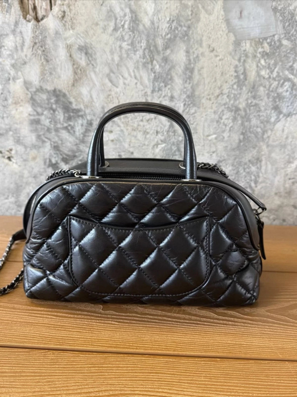 Authentic Chanel Bowling MINI Oil Wax Top Handle Shoulder Bag Black SHD