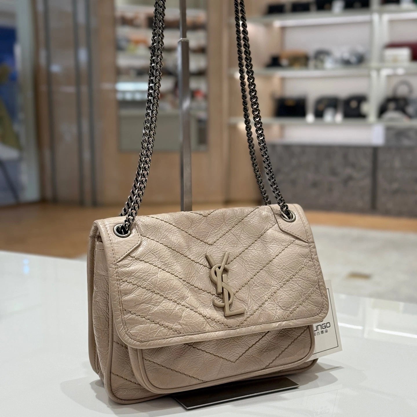 Saint Laurent Niki Baby Small Beige Leather Shoulder Bag For Women