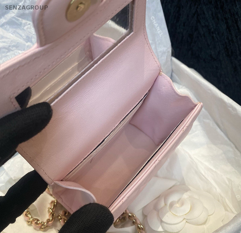 Chanel Diamond Mini Top Handle Bag Chain Crossbody Pink Gold Women Fashion