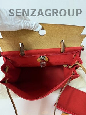 Hermes Herbag Red Silver Hardware Handbag Shoulder Bag Women Classic