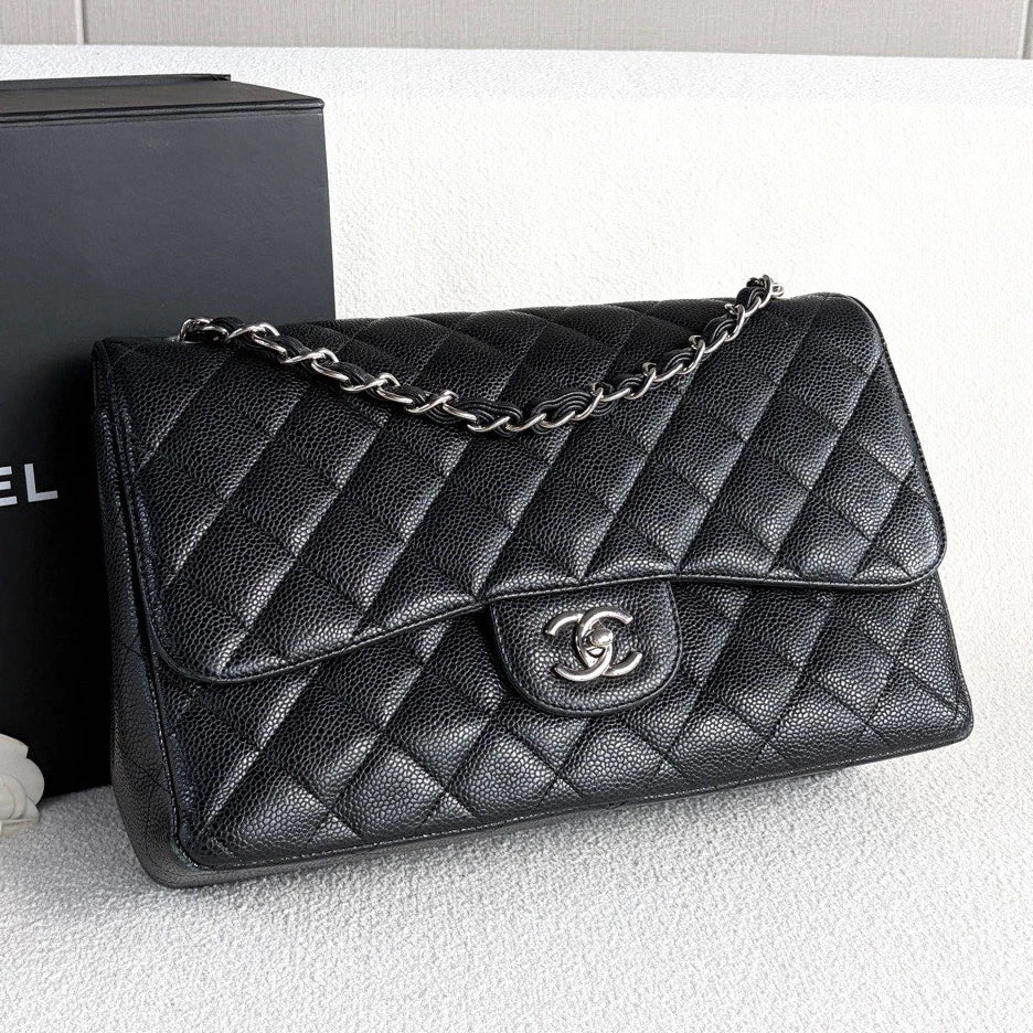 Chanel Classic Flap Jumbo Chain Shoulder Bag Crossbody Black Silver Women