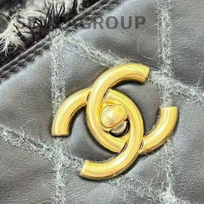 Chanel Black Tweed Tote Shoulder Bag Quilted Gold Button Women