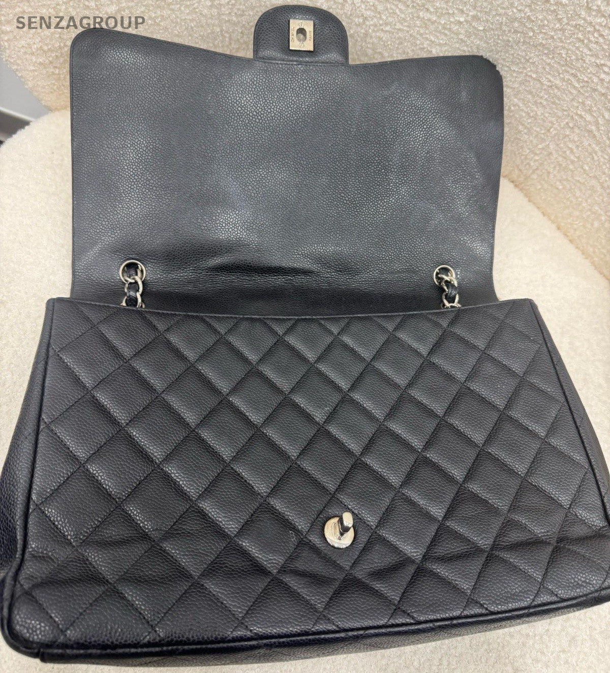 Chanel Classic Flap GM Calfskin Chain Shoulder Bag Black Silver Diamond Women