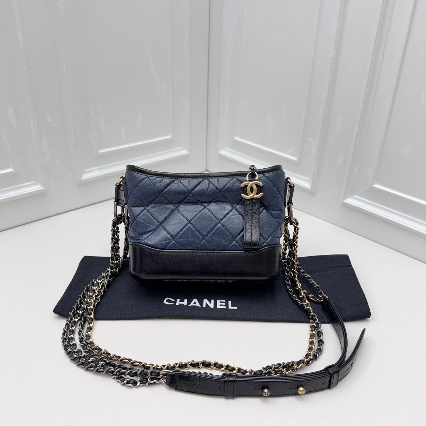 Chanel Gabrielle Small Hobo Shoulder Bag Navy Blue Black Quilted Aged Calfskin