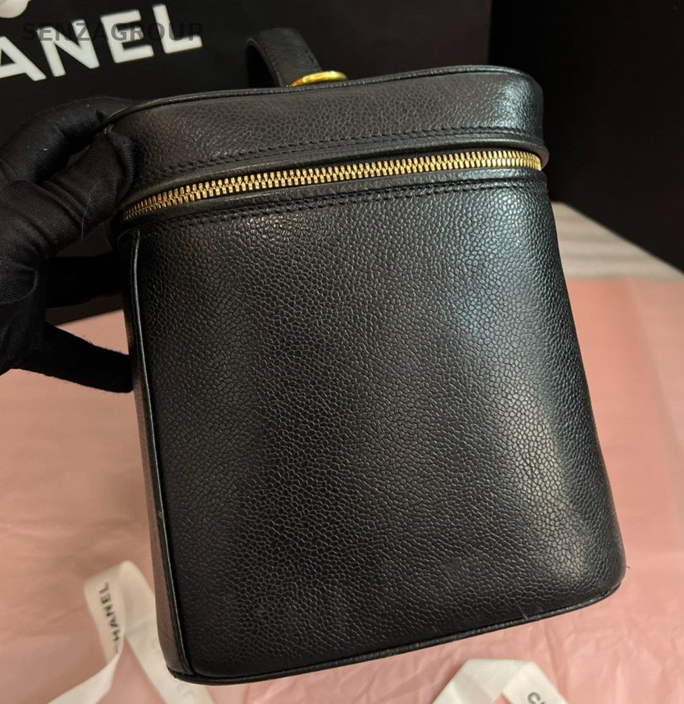 Chanel Vintage GM Calfskin Top Handle Bag Black Gold Used Women Classic