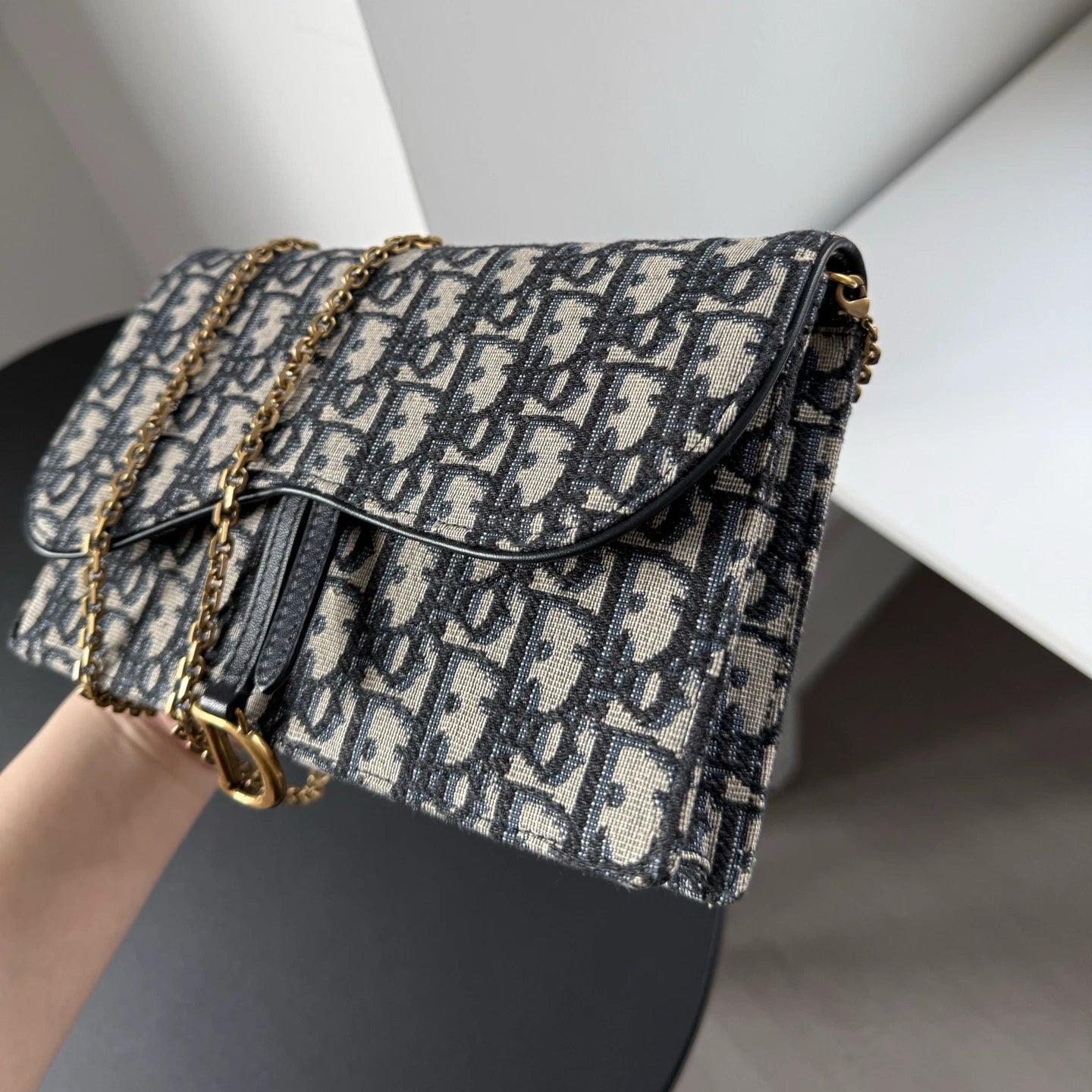 Dior Saddle Canvas Gold Blue Shoulder Bag Chain Bag Excellent