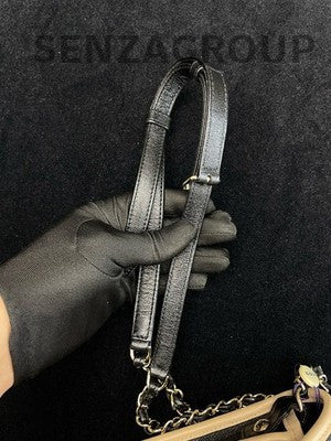 Chanel Beige Black Silver Chain Phone Crossbody Bag Quilted Women's Fashion
