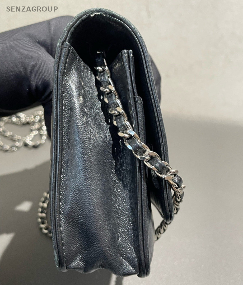 Chanel Camellia Series WOC Chain Shoulder Bag Crossbody Black Silver Women