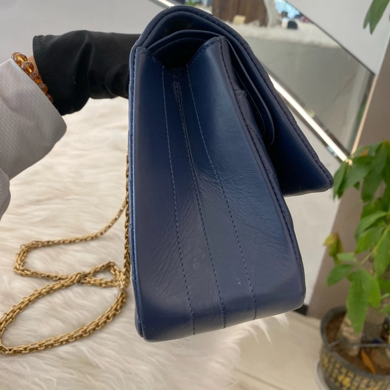 Chanel 2.55 Medium Flap Bag Blue Gold Chevron Classic Women's