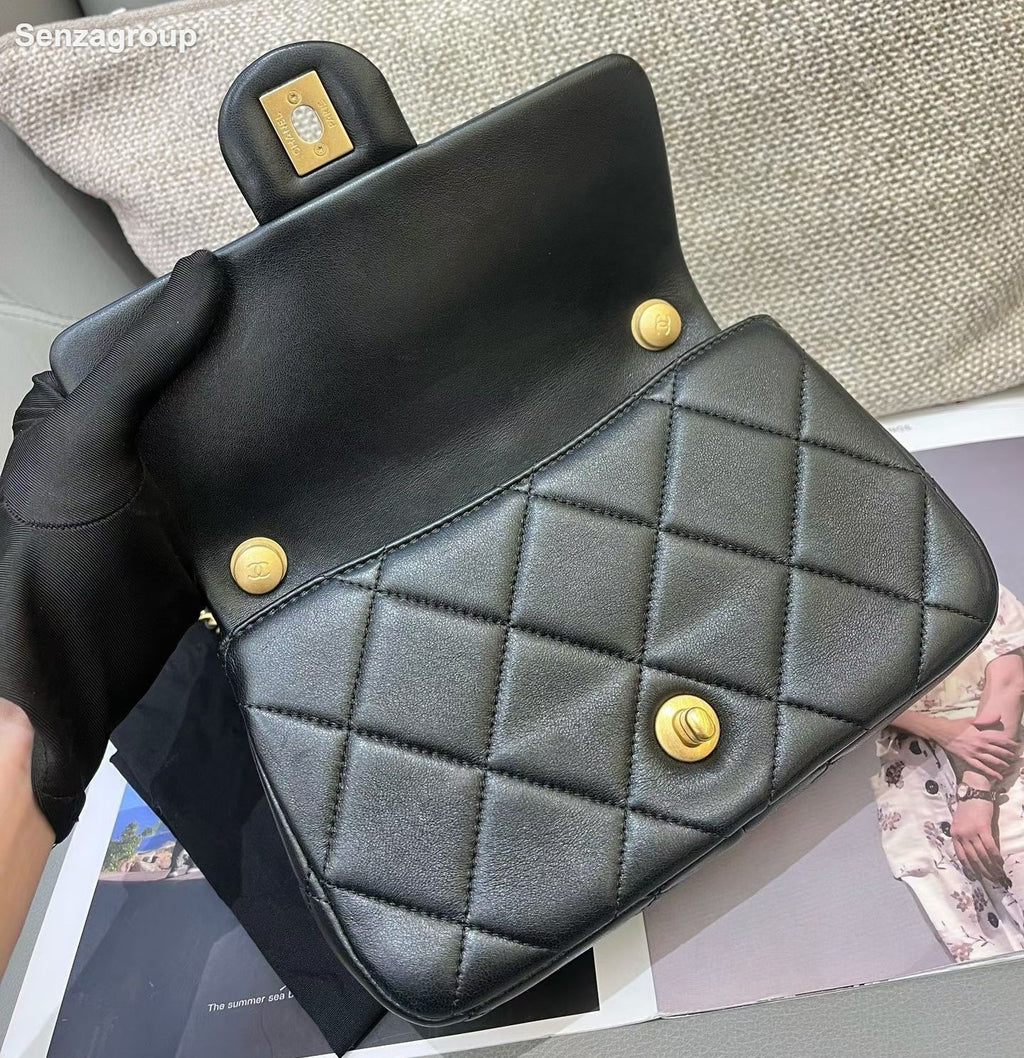 Chanel Classic Flap Lambskin Mini Chain Shoulder Bag Black Gold Diamond Women