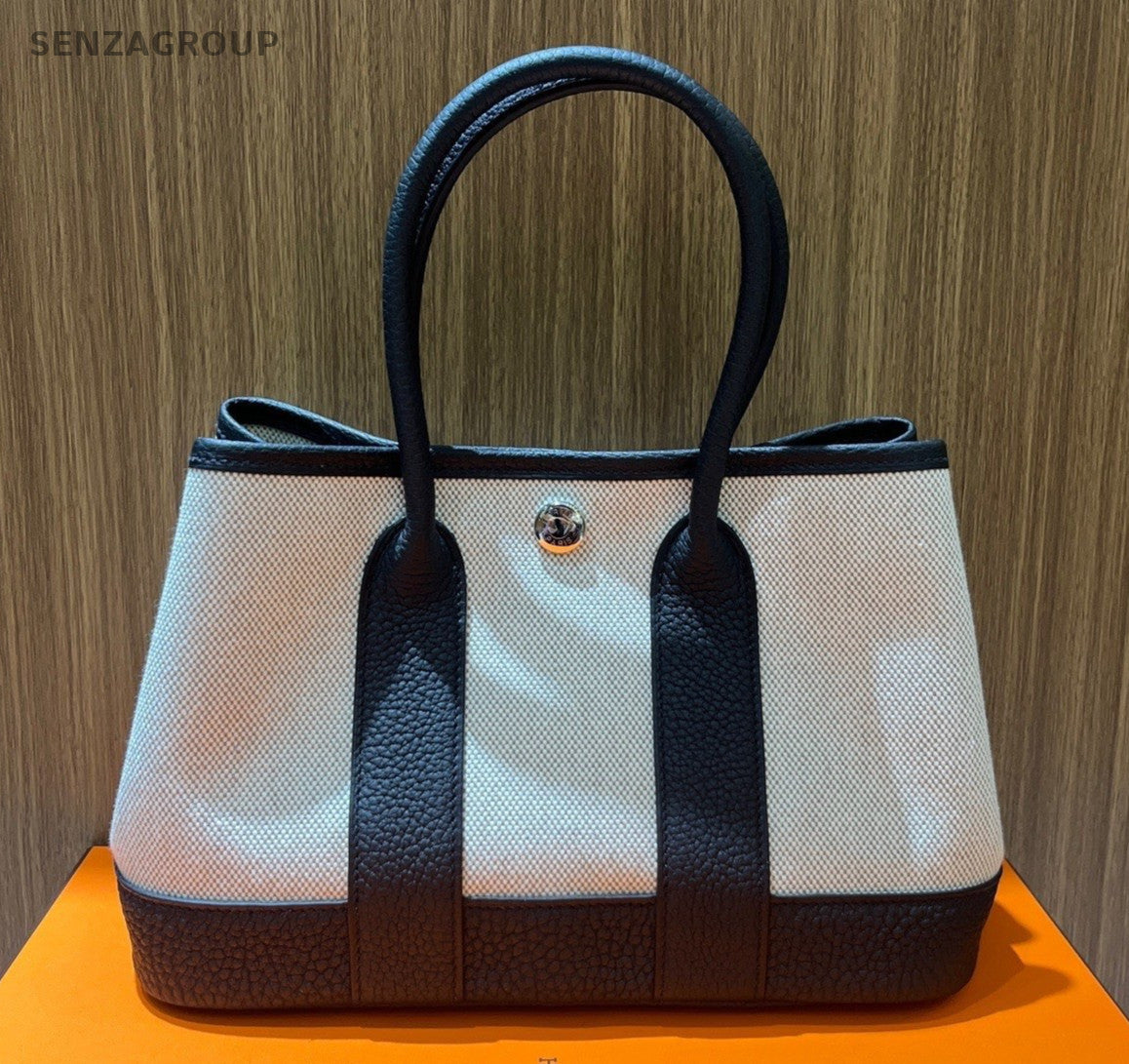 Hermes Garden Party Mini Top Handle Bag White Black Silver Used Women Classic