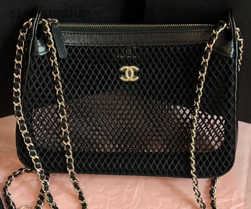 Chanel 25S Chain Lacework Shoulder Bag Black Gold Used Women Classic Designer